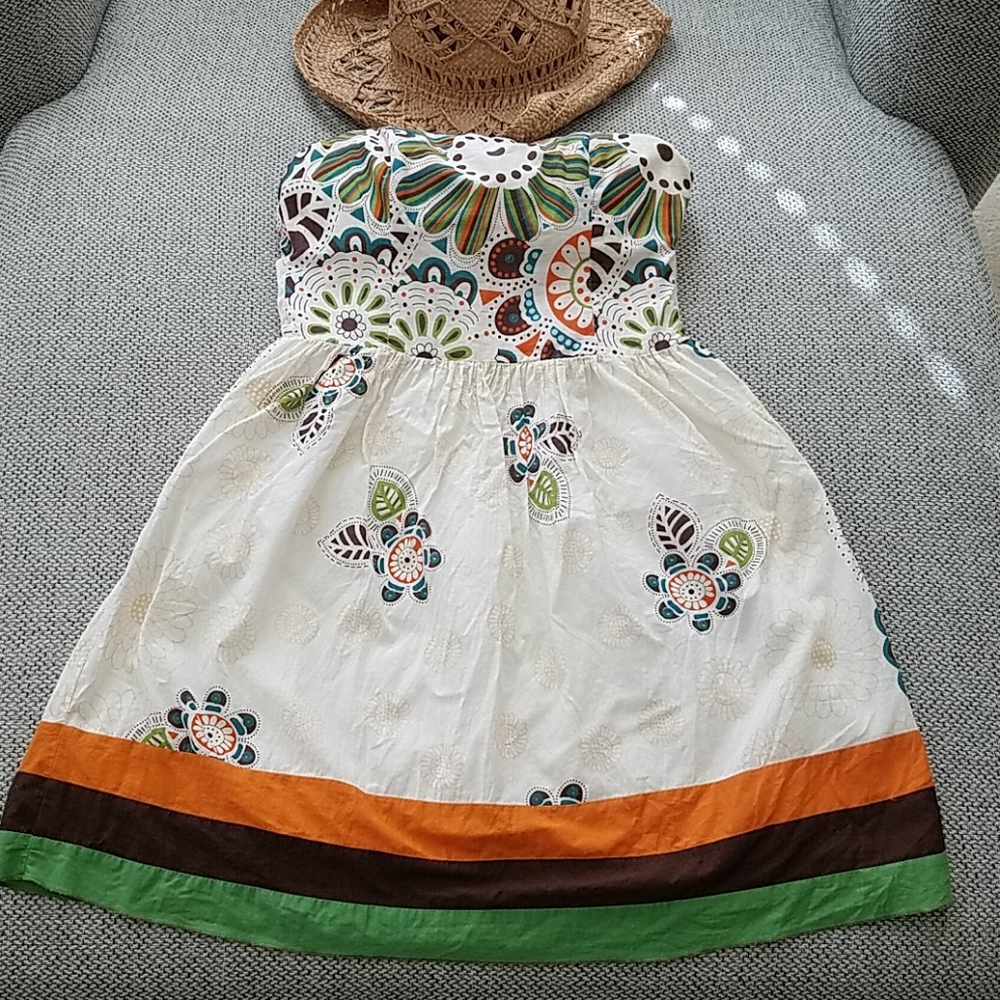 Strapless Floral Print Cotton Dress in White, Green & Orange